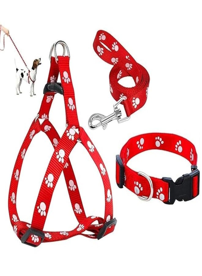 Pups&Pets 15 MM Adjustable Paw Print Puppy Harness Leash Collar Set Combo Offer of Small Dog Harness + Leash + Collar Set (Red) - Image 1
